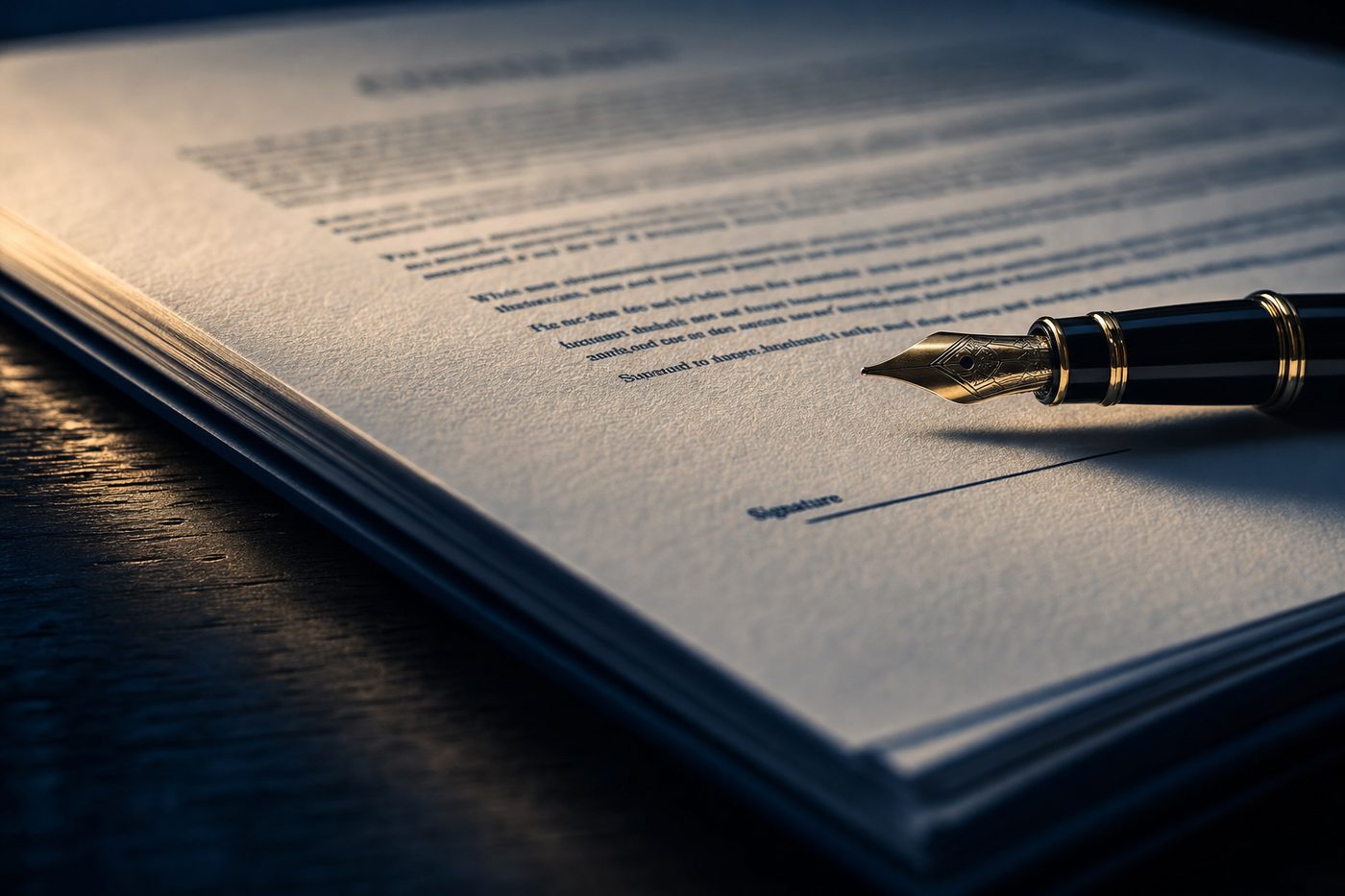 Close-up of a printed contract with a fountain pen resting near the signature line