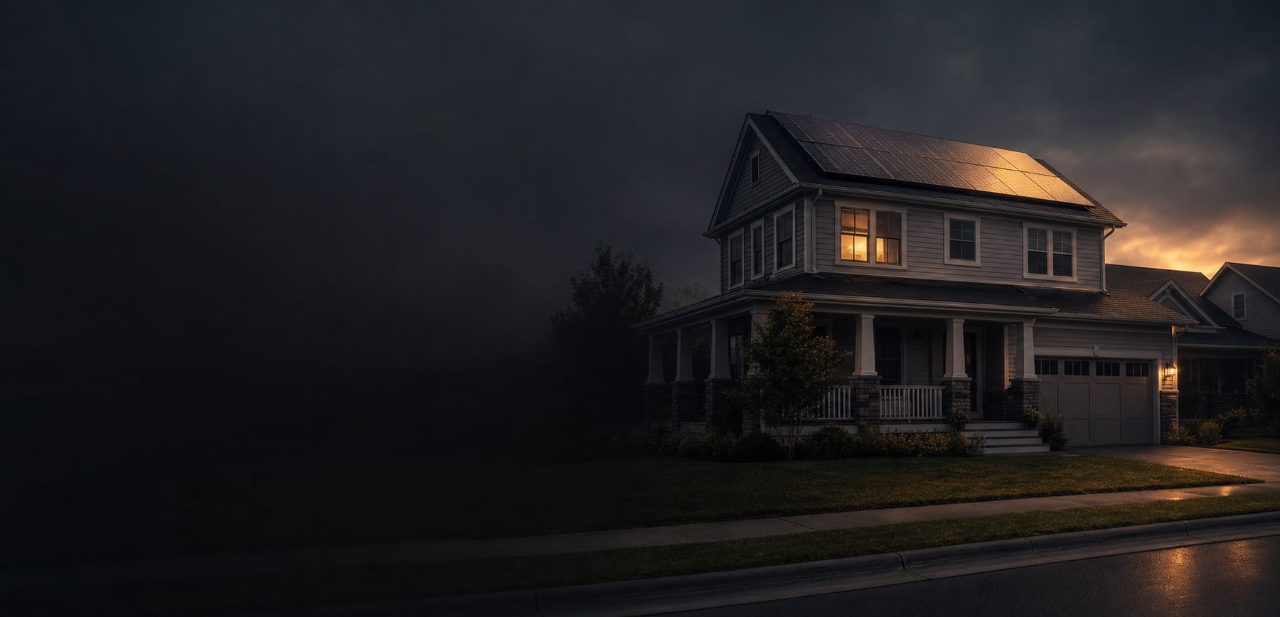 A suburban two-story home with rooftop solar panels at dusk