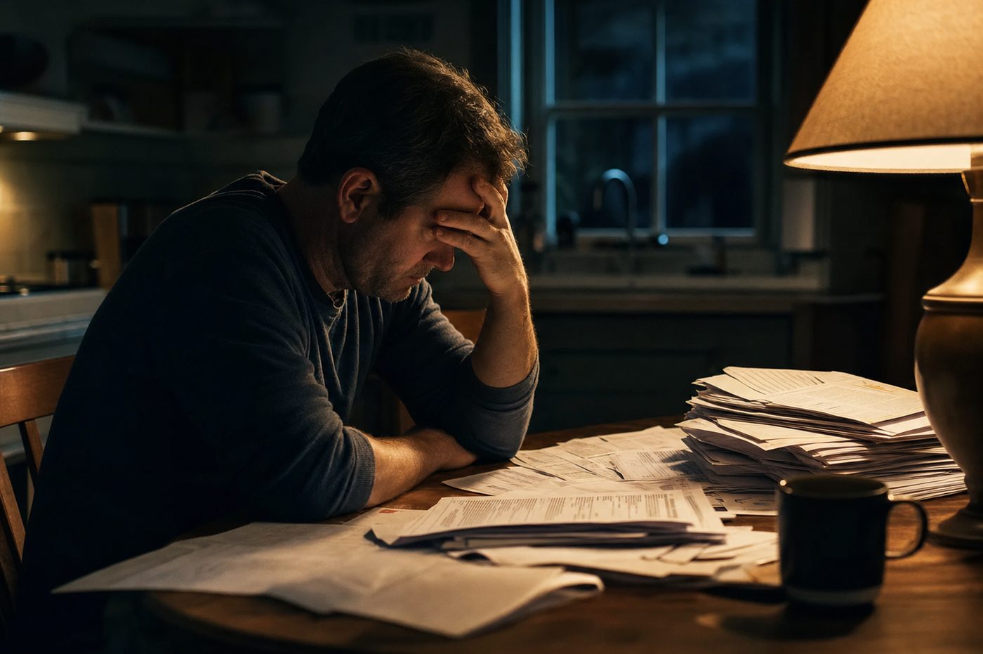 A homeowner at a kitchen table reviewing a stack of solar contract paperwork and utility bills