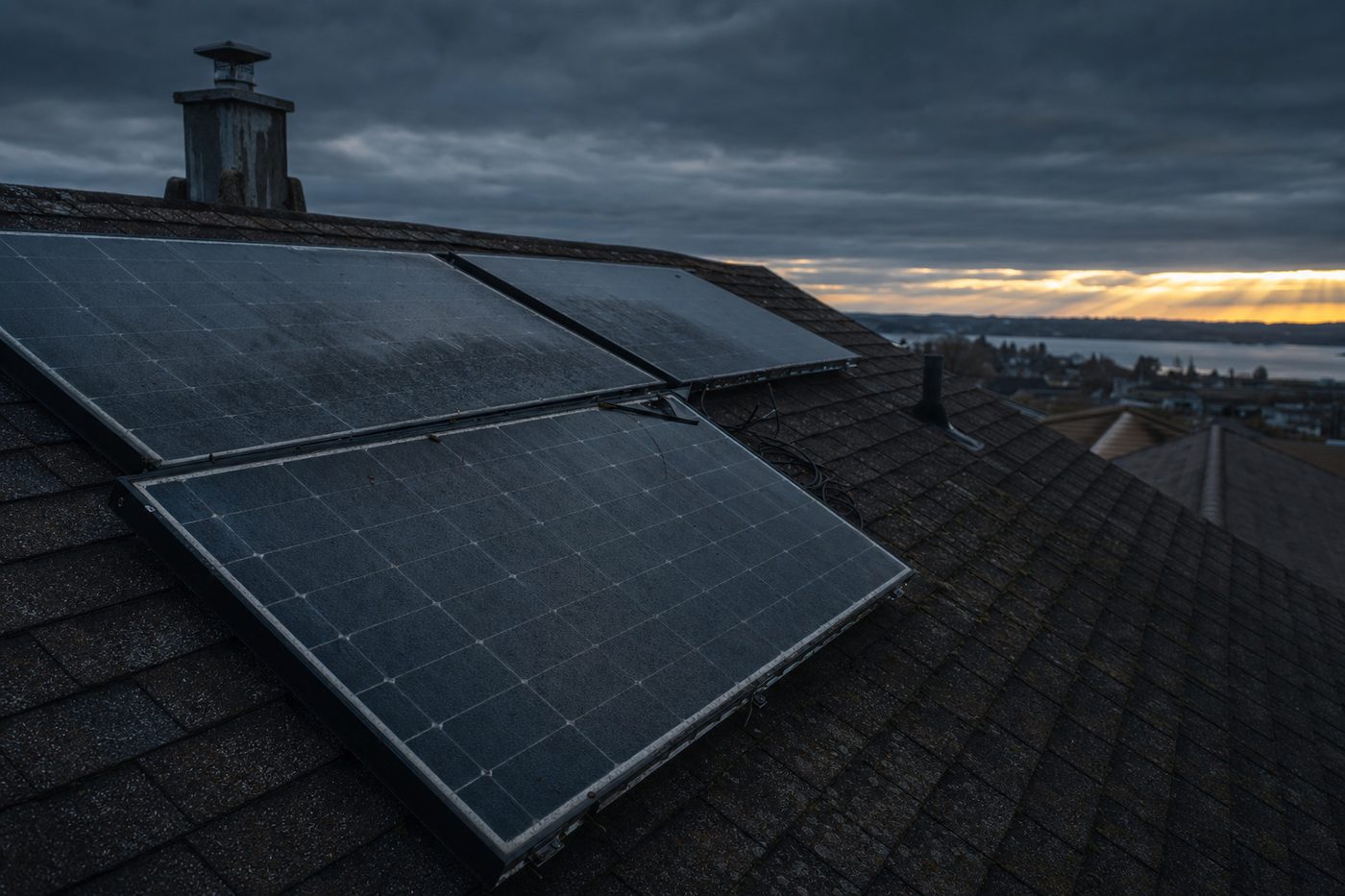 A weathered rooftop solar array on an aging shingle roof under an overcast sky
